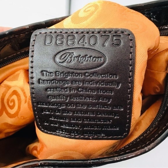 Price firm BRIGHTON COLLECTIBLES Brown Glossy Leather Croc Leather Shoulder Bag - Picture 7 of 10